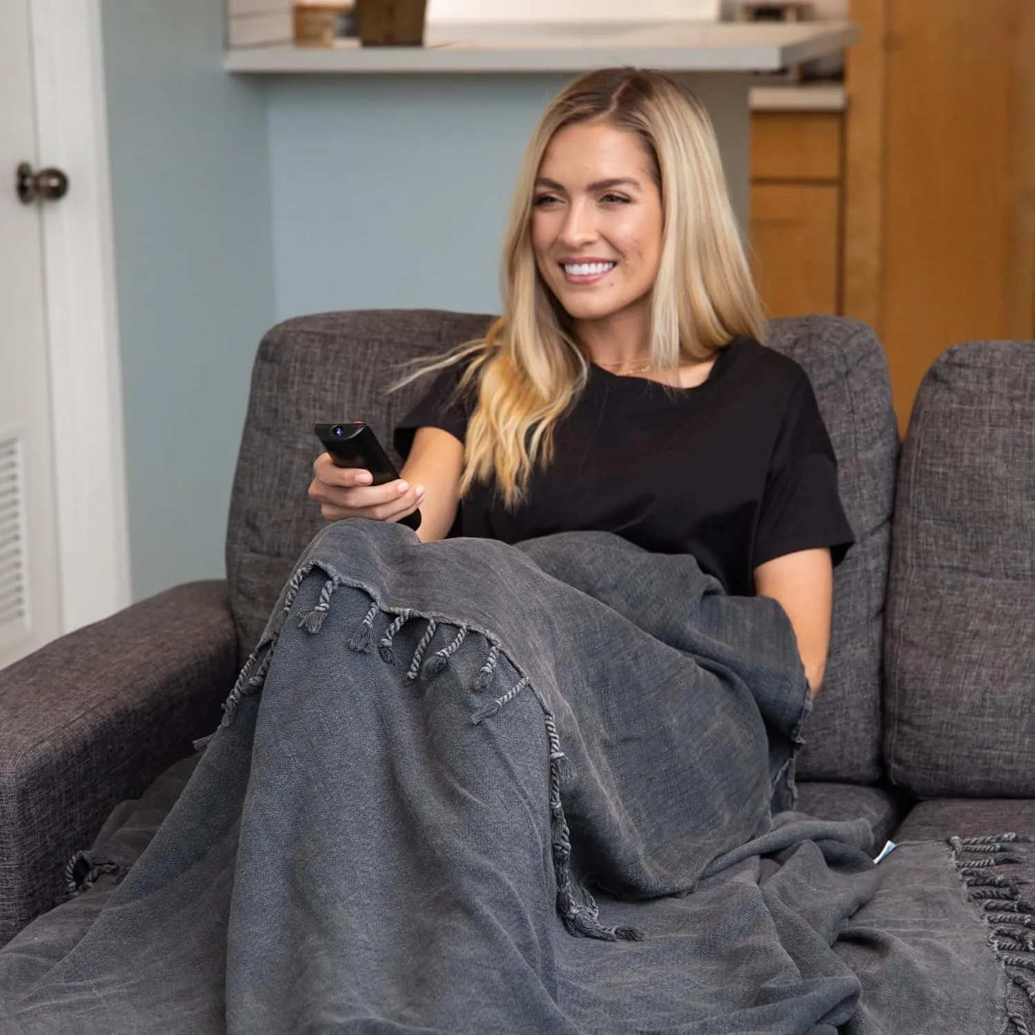 Stonewashed Turkish Throw Blanket - 100% Organic Turkish Cotton - 80" x 57" - Soft, Lightweight, Cozy - for Love Seat, Sofa, Picnic, Yoga - Sand Free Absorbent Beach Blanket - Charcoal Grey