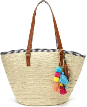 Straw Beach Bags Tote Tassels Bag Hobo Summer Handwoven Shoulder Bags Purse With Pom Poms One Size Abeige