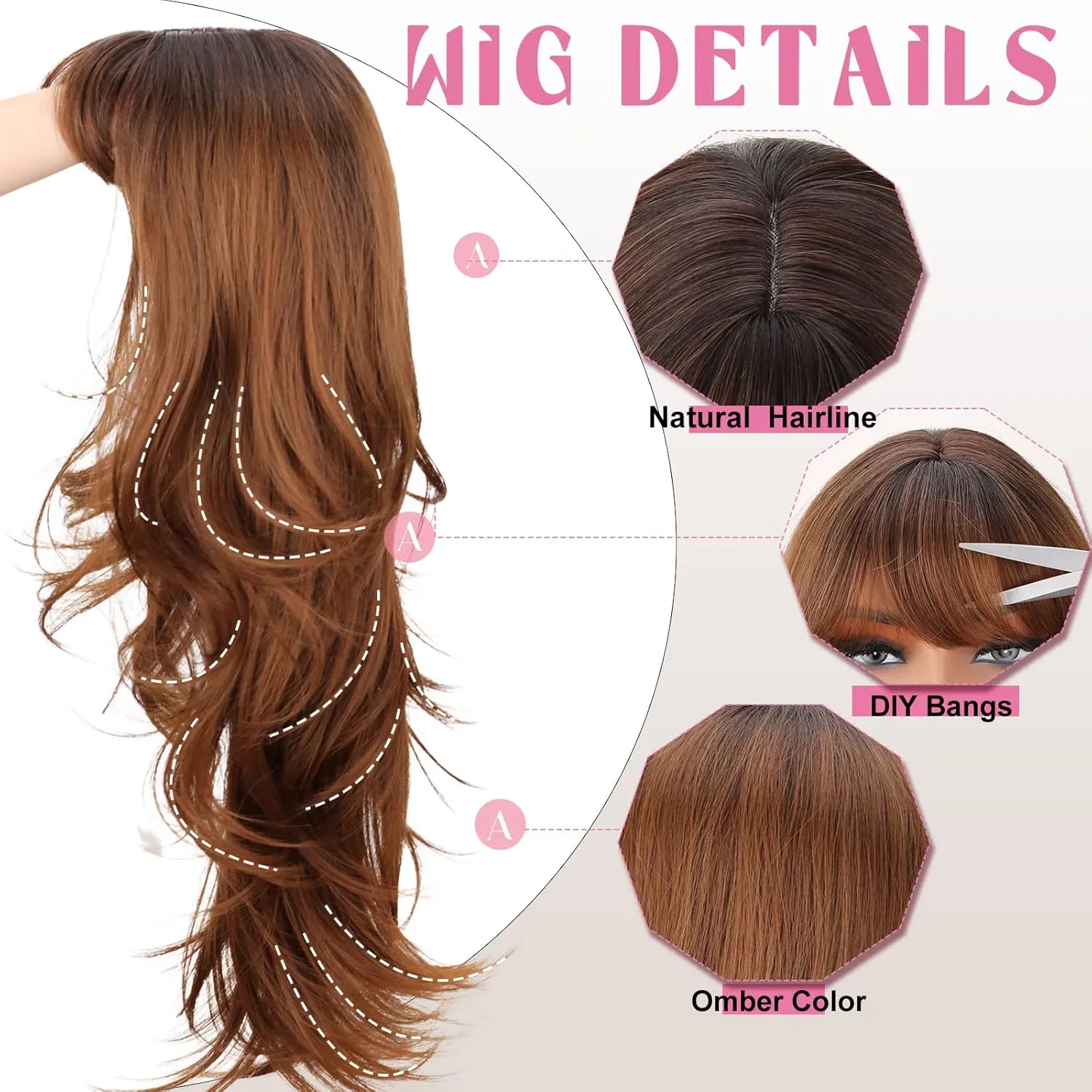 SUKRI Brown Wig with Bangs for Women Ombre Brown Wig with Dark Roots 26 Inch Long Layered Curly Wig Heat Resistant Synthetic Wig for Daily Use