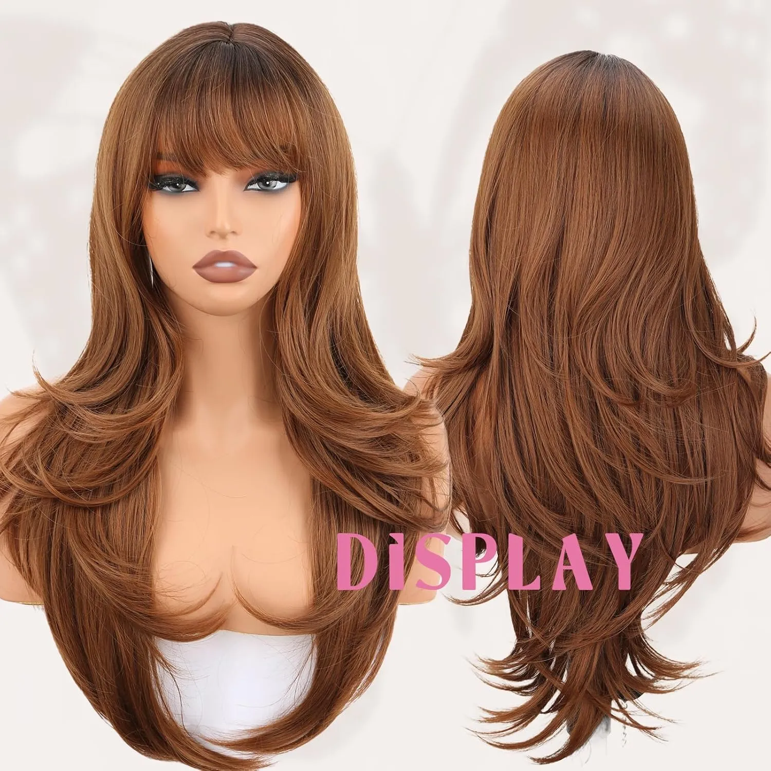 SUKRI Brown Wig with Bangs for Women Ombre Brown Wig with Dark Roots 26 Inch Long Layered Curly Wig Heat Resistant Synthetic Wig for Daily Use