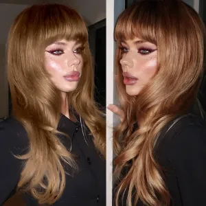 SUKRI Brown Wig with Bangs for Women Ombre Brown Wig with Dark Roots 26 Inch Long Layered Curly Wig Heat Resistant Synthetic Wig for Daily Use