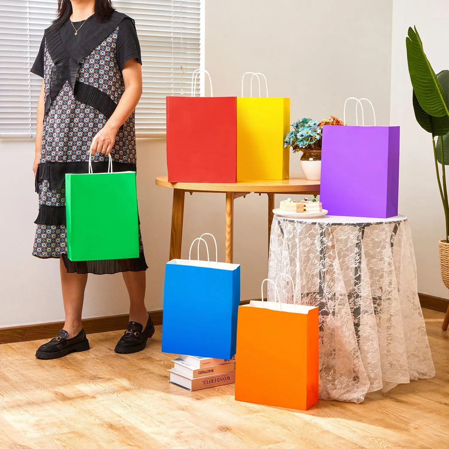 SUNCOLOR 24 Pack 13" Large Party Favor Bags for Birthday Party Gift Bags With Handle (Rainbow)
