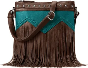 Sunwel Fashion Fringe Crossbody Bag with Rivets Western Purse Vegan Leather Tassel Shoulder Crossbody Bag for Women