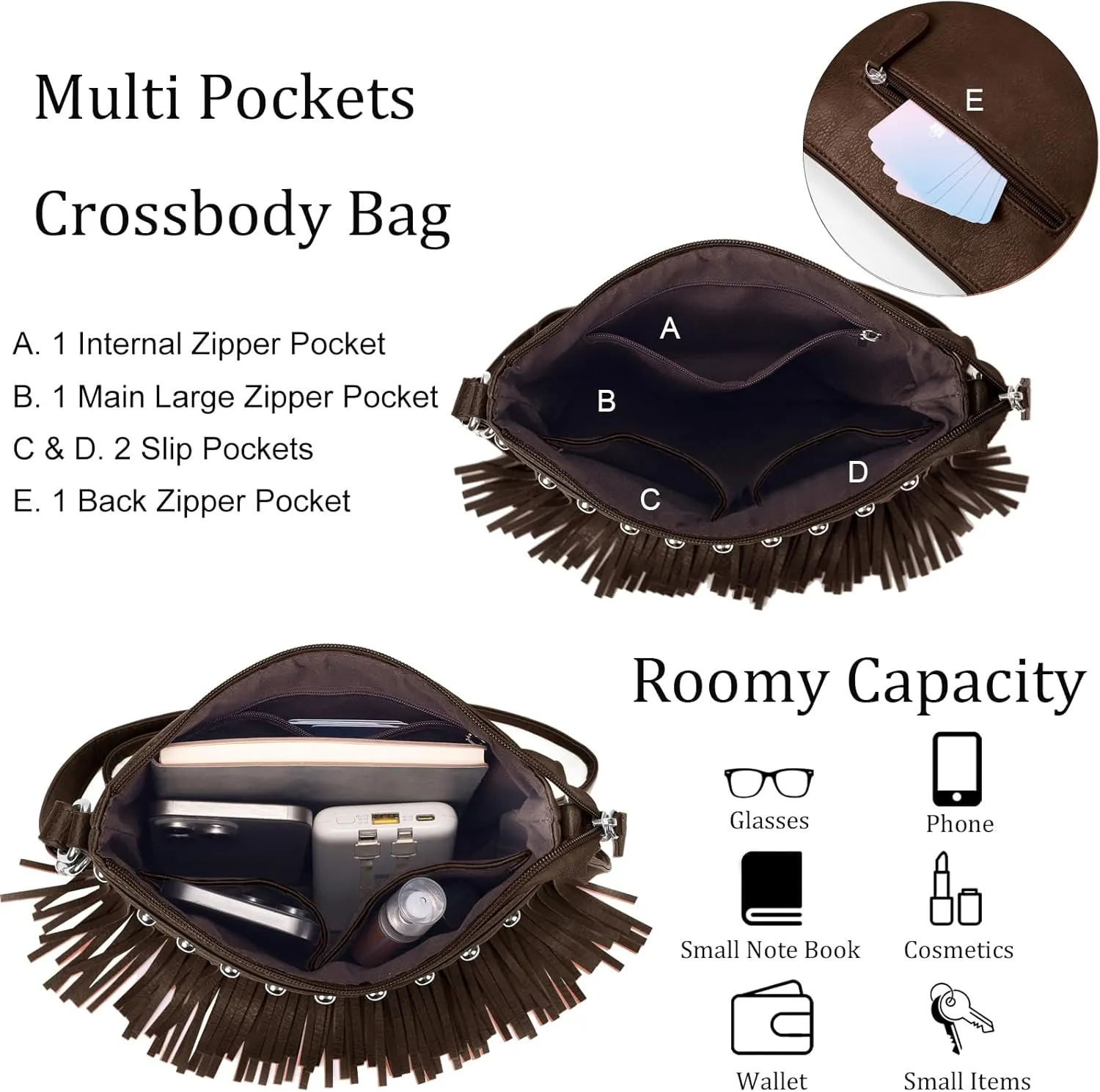 Sunwel Fashion Fringe Crossbody Bag with Rivets Western Purse Vegan Leather Tassel Shoulder Crossbody Bag for Women