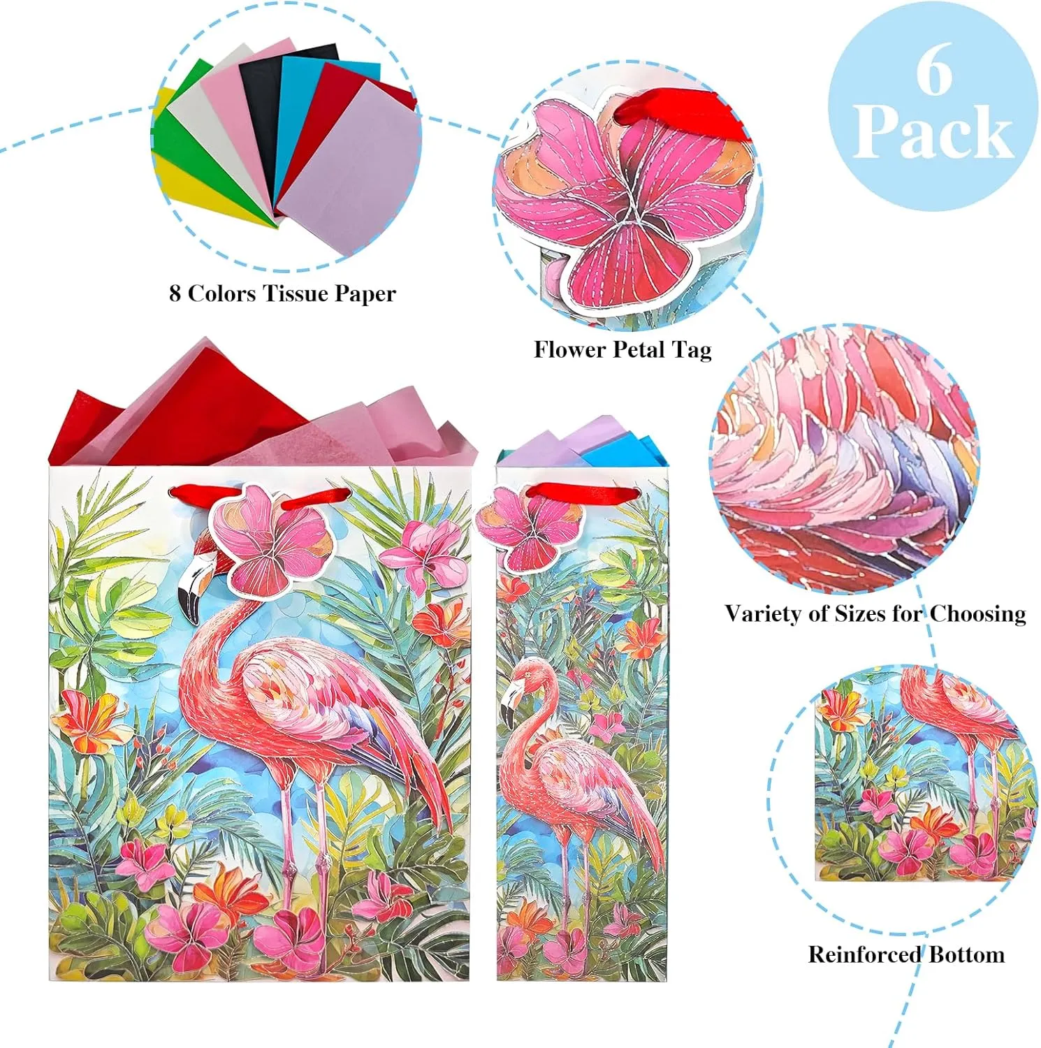 suosicn 6 PACK Flamingo Pattern Embossed Design Paper Gift Bag with 8 pcs Colorful Tissue Paper For Birthday Party, Celebrations, Wedding Graduations, Baby Showers, Any Occasion