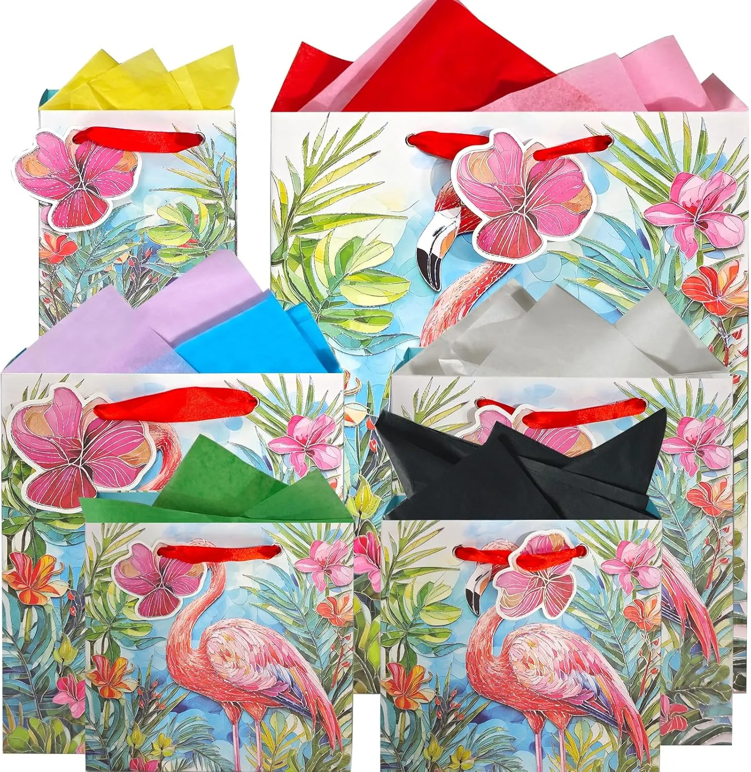 suosicn 6 PACK Flamingo Pattern Embossed Design Paper Gift Bag with 8 pcs Colorful Tissue Paper For Birthday Party, Celebrations, Wedding Graduations, Baby Showers, Any Occasion