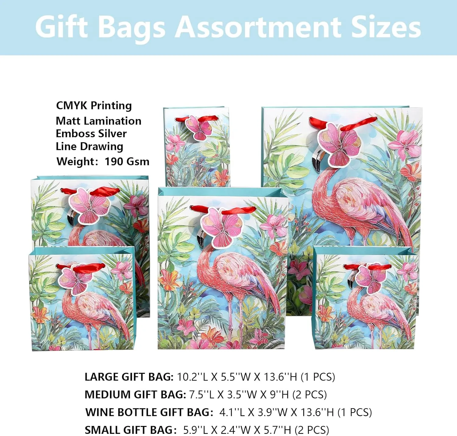 suosicn 6 PACK Flamingo Pattern Embossed Design Paper Gift Bag with 8 pcs Colorful Tissue Paper For Birthday Party, Celebrations, Wedding Graduations, Baby Showers, Any Occasion