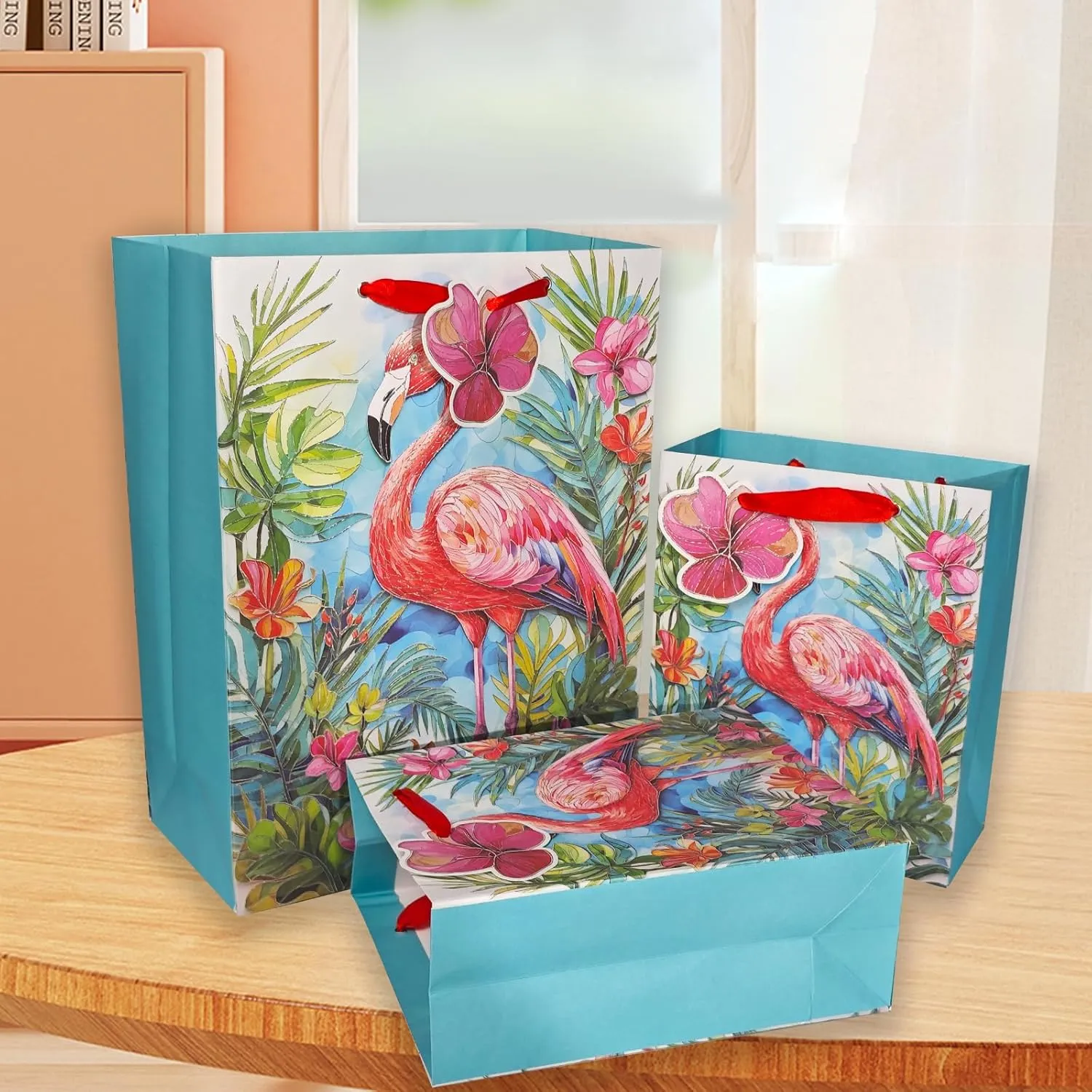 suosicn 6 PACK Flamingo Pattern Embossed Design Paper Gift Bag with 8 pcs Colorful Tissue Paper For Birthday Party, Celebrations, Wedding Graduations, Baby Showers, Any Occasion