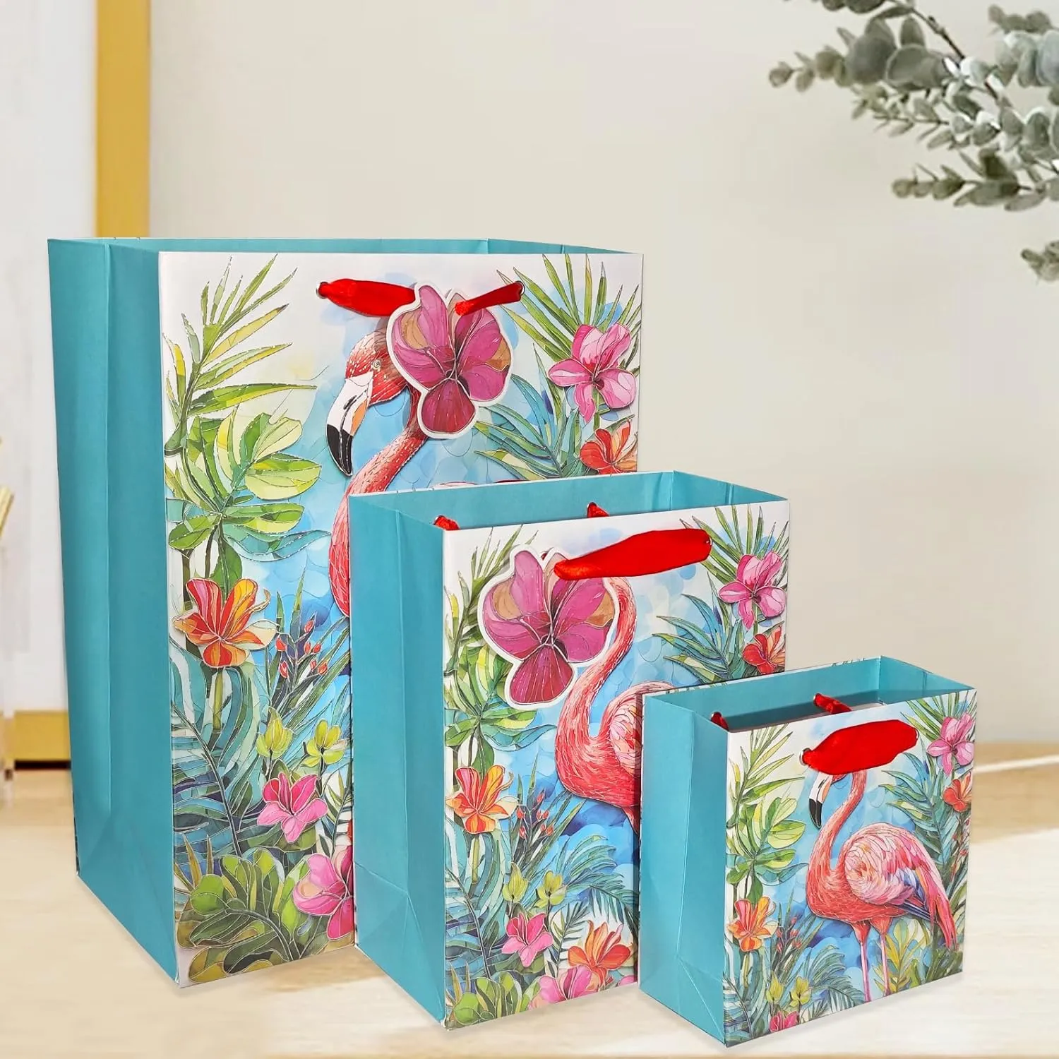 suosicn 6 PACK Flamingo Pattern Embossed Design Paper Gift Bag with 8 pcs Colorful Tissue Paper For Birthday Party, Celebrations, Wedding Graduations, Baby Showers, Any Occasion