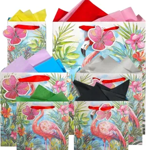 suosicn 6 PACK Flamingo Pattern Embossed Design Paper Gift Bag with 8 pcs Colorful Tissue Paper For Birthday Party, Celebrations, Wedding Graduations, Baby Showers, Any Occasion