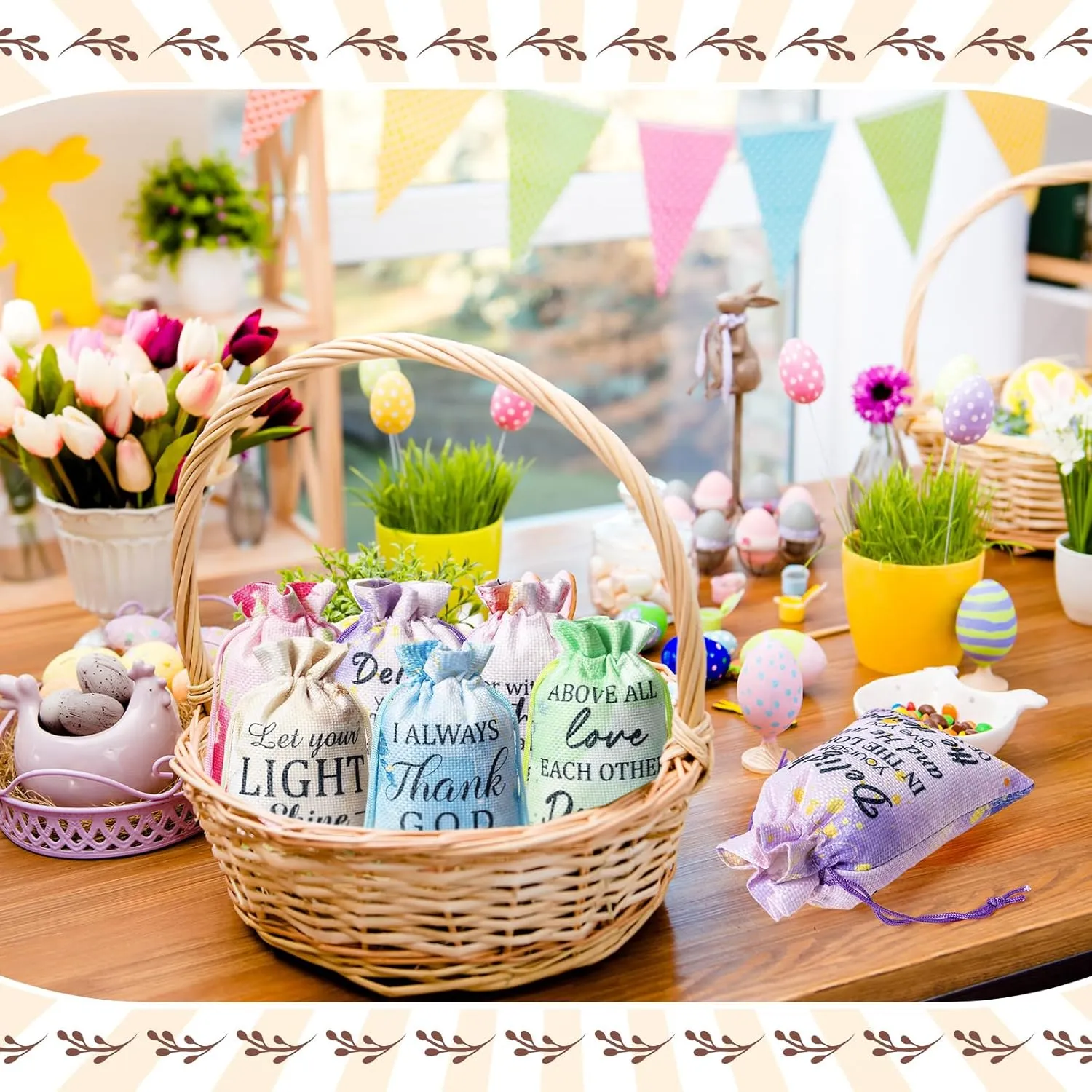 Supervitae 30 Pcs Religious Gift Bags with Drawstring Small Christian Candy Gift Bags 4 x 6 Inch Burlap Jewelry Bible Verse for Easter Mother's Day Wedding(Thank God)