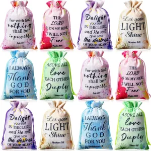 Supervitae 30 Pcs Religious Gift Bags with Drawstring Small Christian Candy Gift Bags 4 x 6 Inch Burlap Jewelry Bible Verse for Easter Mother's Day Wedding(Thank God)