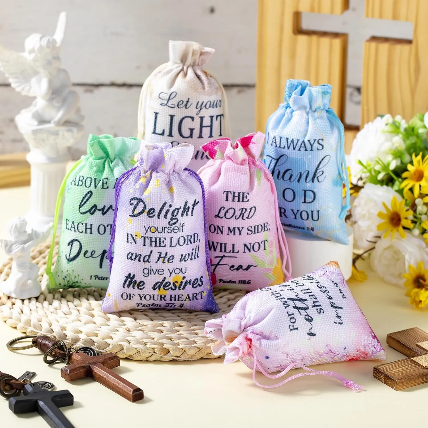 Supervitae 30 Pcs Religious Gift Bags with Drawstring Small Christian Candy Gift Bags 4 x 6 Inch Burlap Jewelry Bible Verse for Easter Mother's Day Wedding(Thank God)