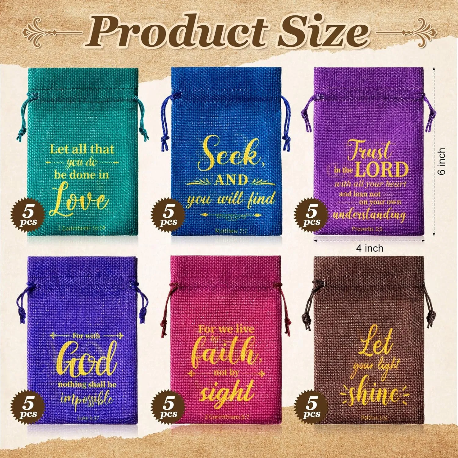 Supervitae 30 Pcs Religious Gift Bags with Drawstring Small Christian Candy Gift Bags 4 x 6 Inch Burlap Jewelry Bible Verse for Easter Mother's Day Wedding(the Lord)