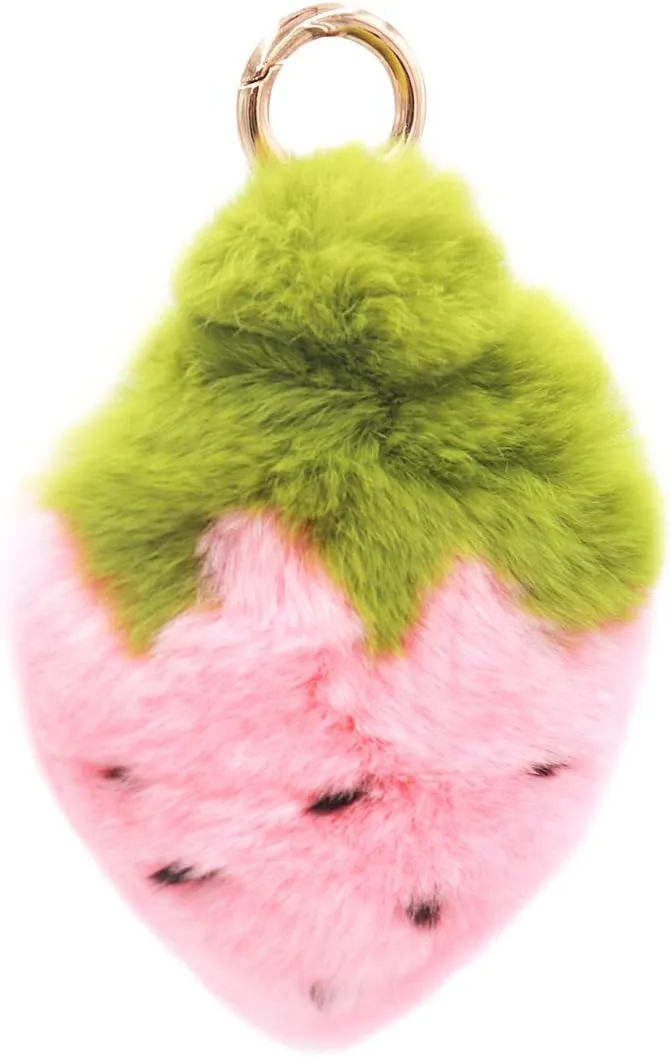 surell Real Rex Rabbit Fur Strawberry Keychain - Kawaii Pom-Pom Food Charm for Bags - Fruit Accessory with Gold Keyring