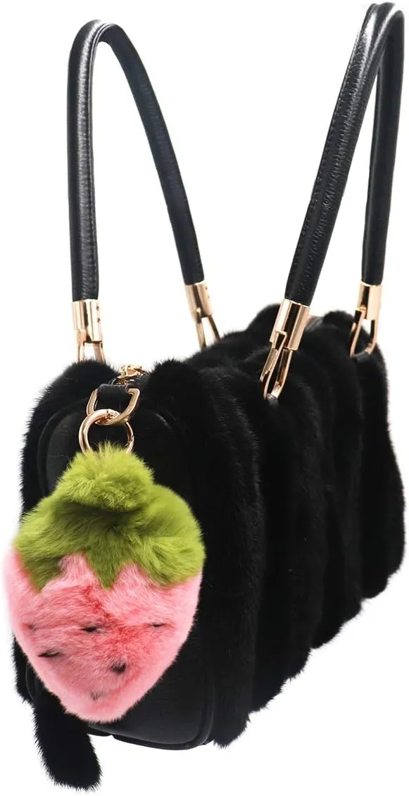surell Real Rex Rabbit Fur Strawberry Keychain - Kawaii Pom-Pom Food Charm for Bags - Fruit Accessory with Gold Keyring