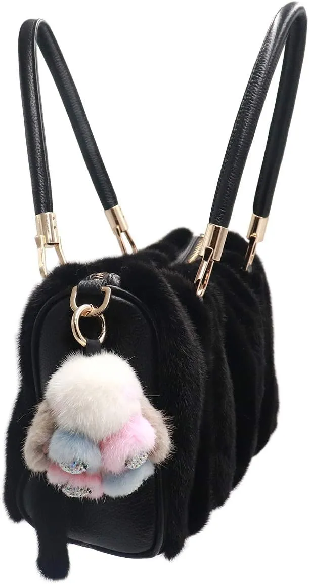 surell Sparkly Mink Fur Pom Bunny Keychain with Bling Paws - Rhinestone Charm for Bags and Purses - Cute Pocketbook Accessory