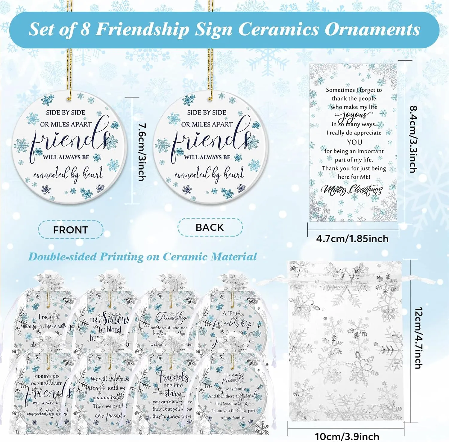 Suzile 8 Pcs Friendship Christmas Ornaments Long Distance Sister Christmas Ornament Gift Round Sisters Friends Ornaments with Holiday Cards Organza Gift Bag for Christmas Tree (Snowflake)