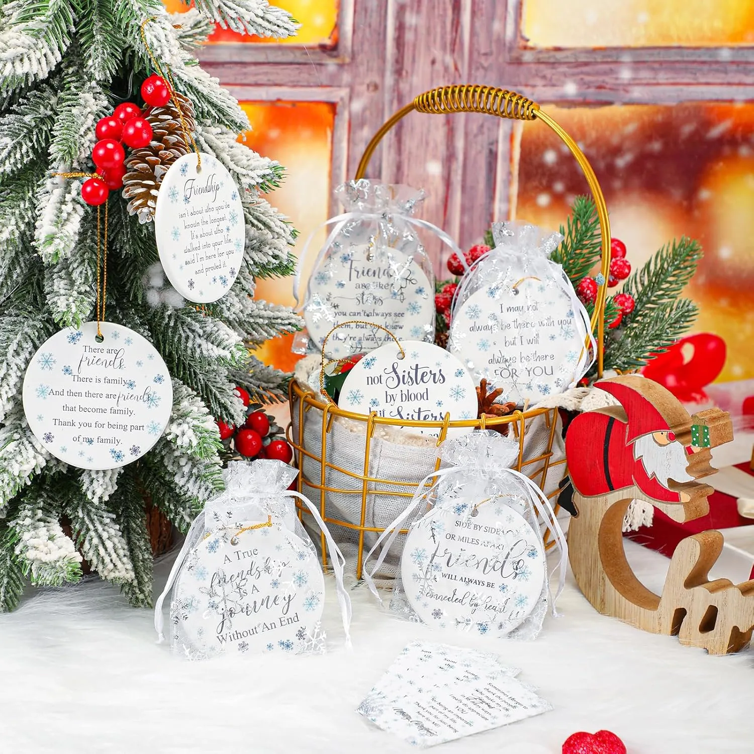 Suzile 8 Pcs Friendship Christmas Ornaments Long Distance Sister Christmas Ornament Gift Round Sisters Friends Ornaments with Holiday Cards Organza Gift Bag for Christmas Tree (Snowflake)