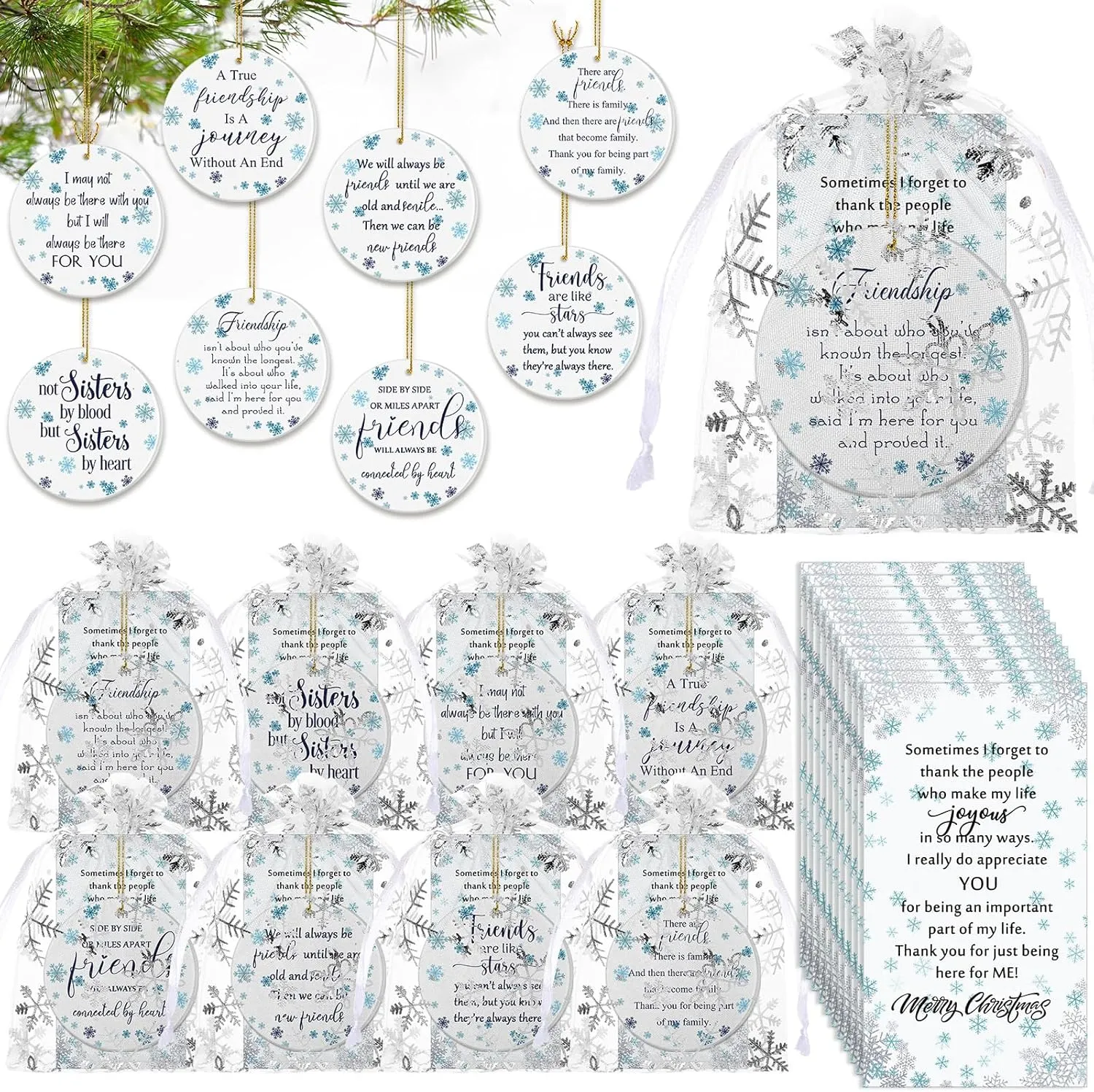 Suzile 8 Pcs Friendship Christmas Ornaments Long Distance Sister Christmas Ornament Gift Round Sisters Friends Ornaments with Holiday Cards Organza Gift Bag for Christmas Tree (Snowflake)