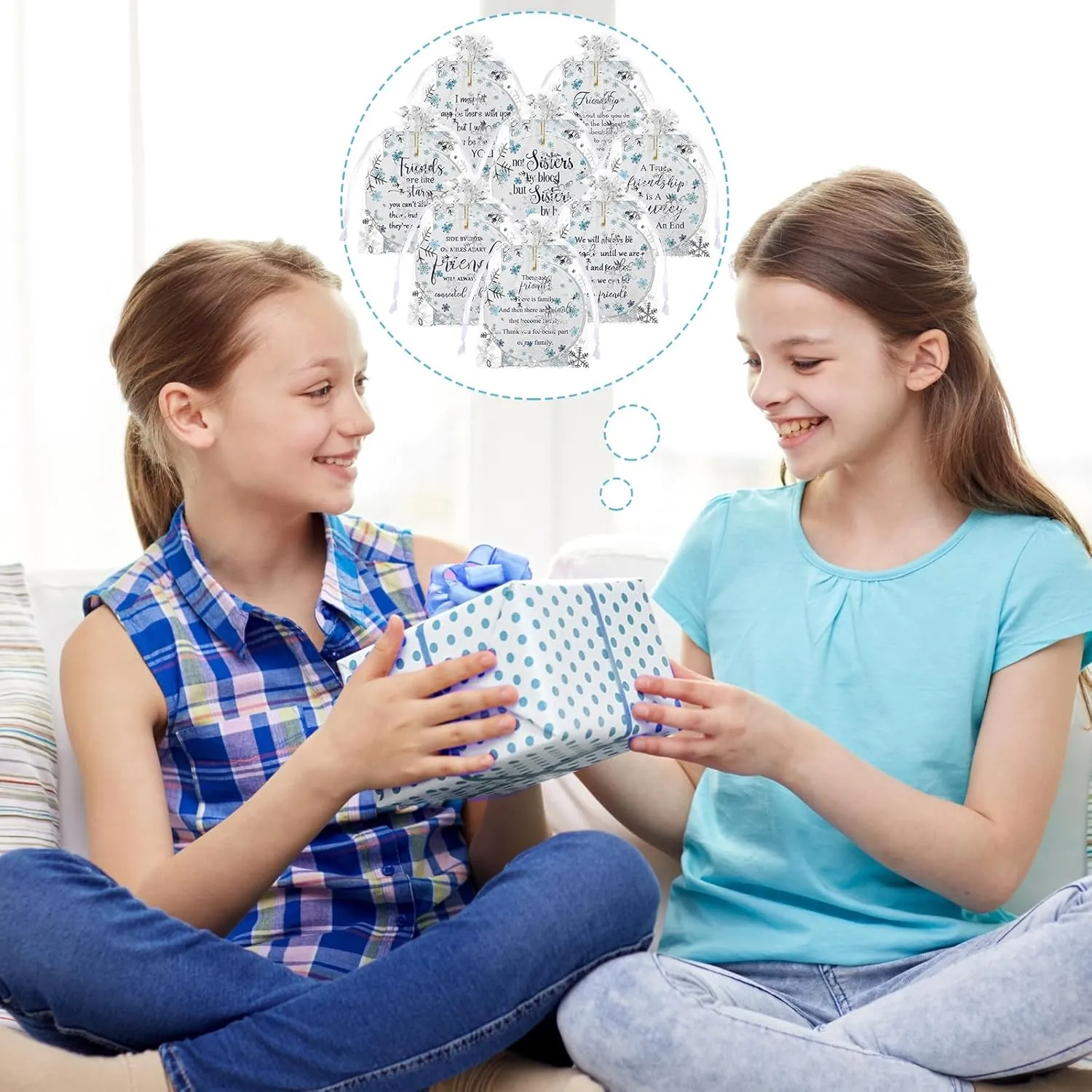 Suzile 8 Pcs Friendship Christmas Ornaments Long Distance Sister Christmas Ornament Gift Round Sisters Friends Ornaments with Holiday Cards Organza Gift Bag for Christmas Tree (Snowflake)
