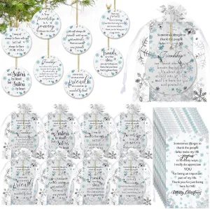 Suzile 8 Pcs Friendship Christmas Ornaments Long Distance Sister Christmas Ornament Gift Round Sisters Friends Ornaments with Holiday Cards Organza Gift Bag for Christmas Tree (Snowflake)
