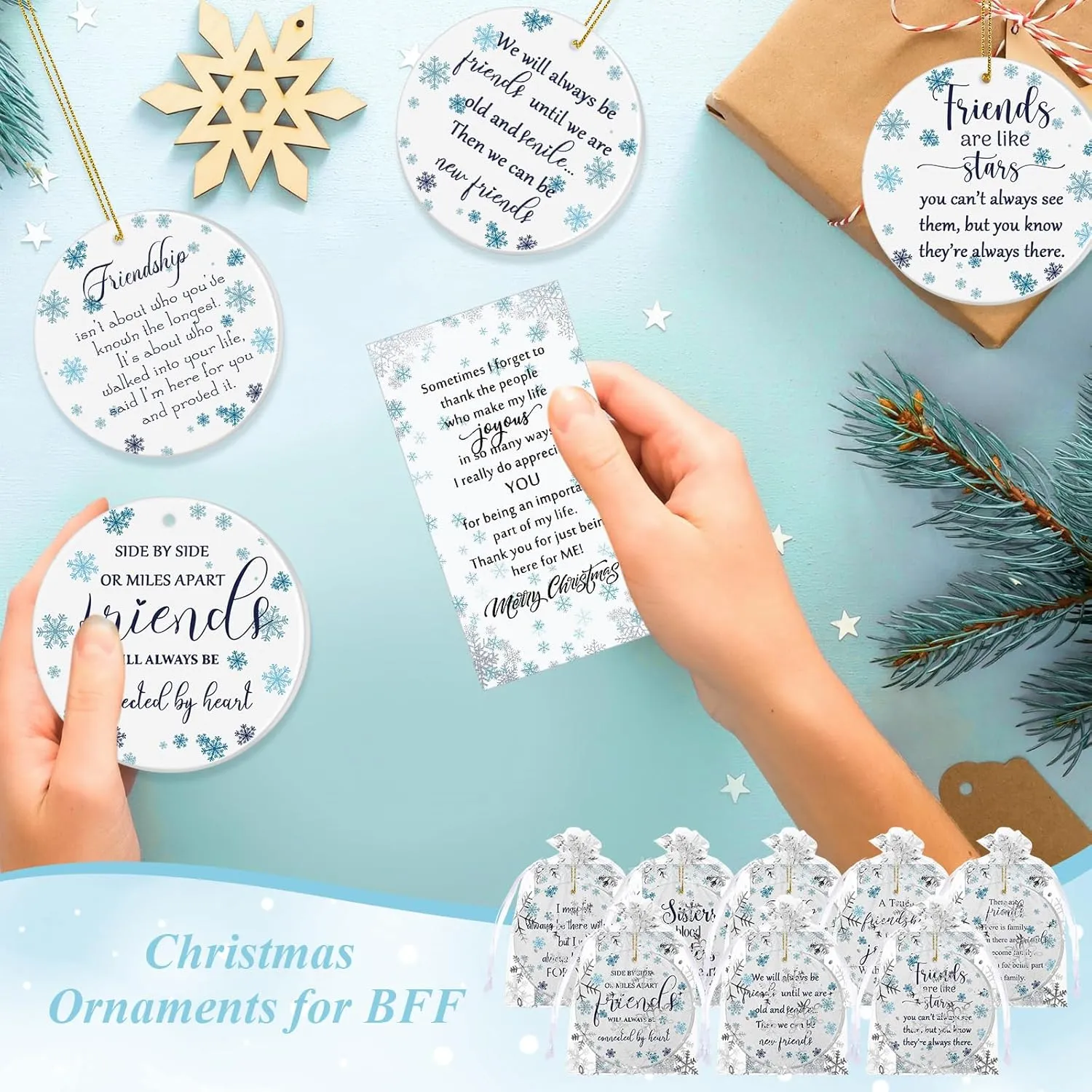 Suzile 8 Pcs Friendship Christmas Ornaments Long Distance Sister Christmas Ornament Gift Round Sisters Friends Ornaments with Holiday Cards Organza Gift Bag for Christmas Tree (Snowflake)