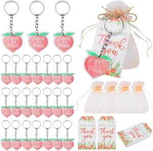 Sweet As a Peach Party Favors, Little Cutie Party Favors with 24pcs Peach Keychains Sweet As a Peach Tag Pink Organza Bags for Boys Girls Fruit Theme Birthday Party Supplies Decorations School Rewards