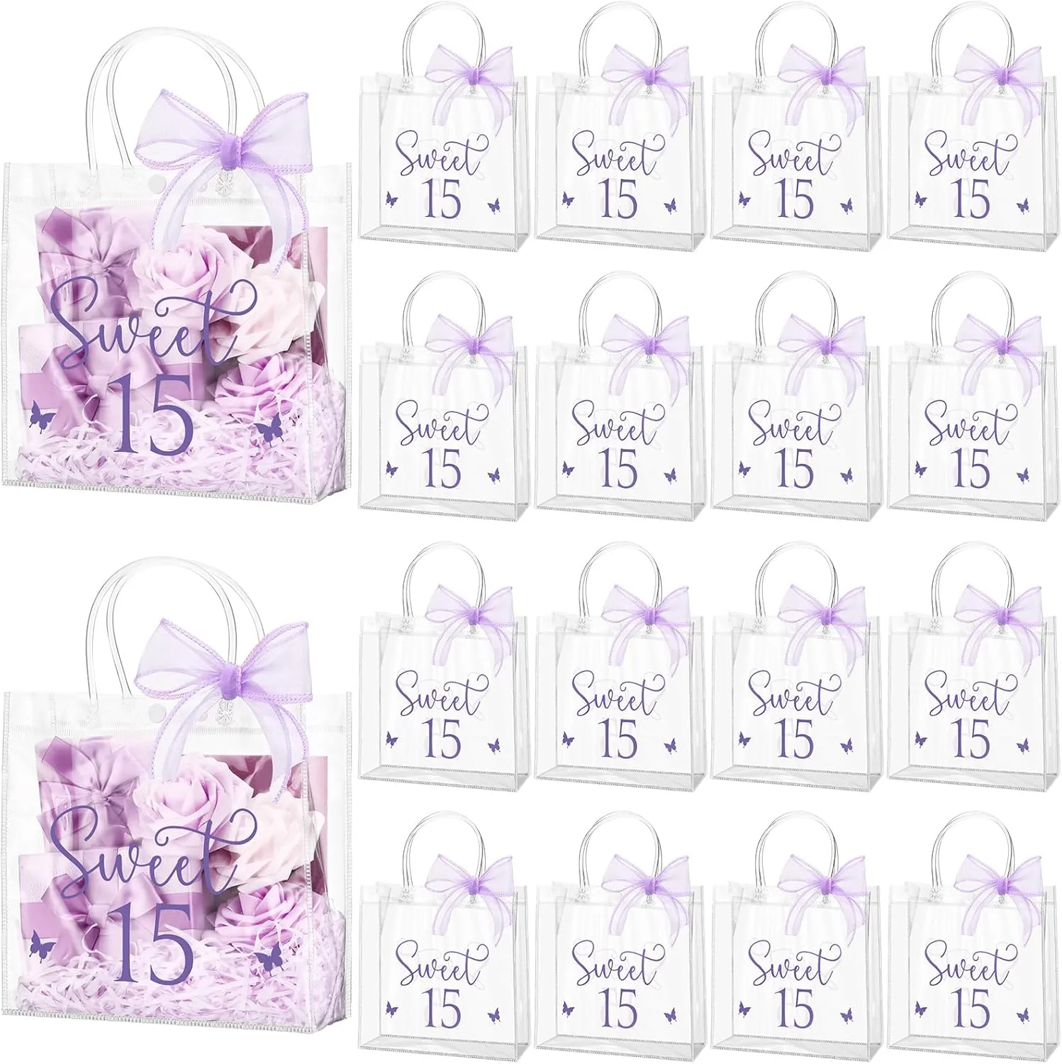 Sweetude 18 Pcs Sweet 15 Birthday Gift Bag for Girls 15th Party Gift Bags with Handles and Ribbons Clear Birthday Party Favors for Guests 15 Years Sweet Birthday Celebration (Pruple)