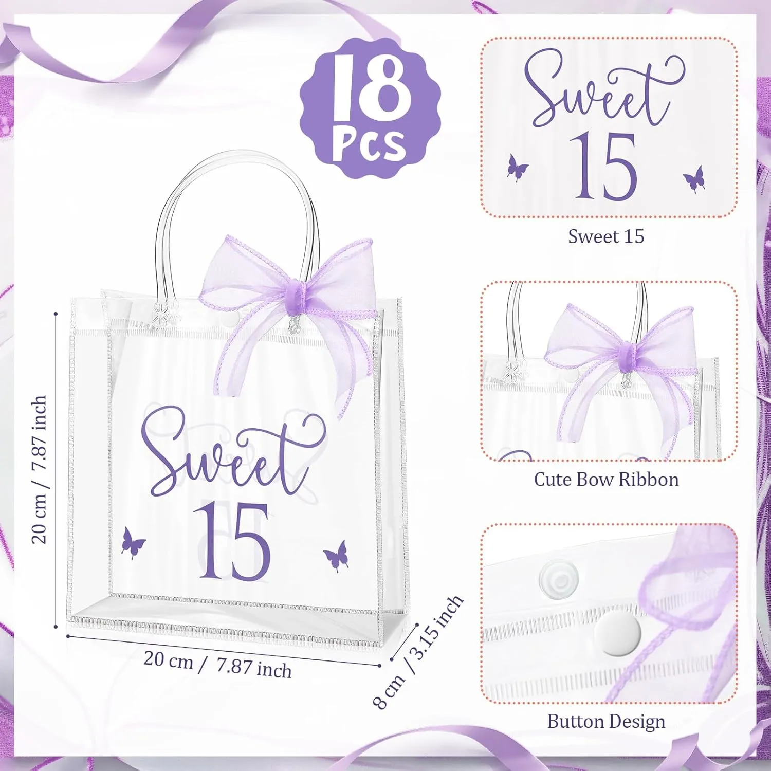Sweetude 18 Pcs Sweet 15 Birthday Gift Bag for Girls 15th Party Gift Bags with Handles and Ribbons Clear Birthday Party Favors for Guests 15 Years Sweet Birthday Celebration (Pruple)