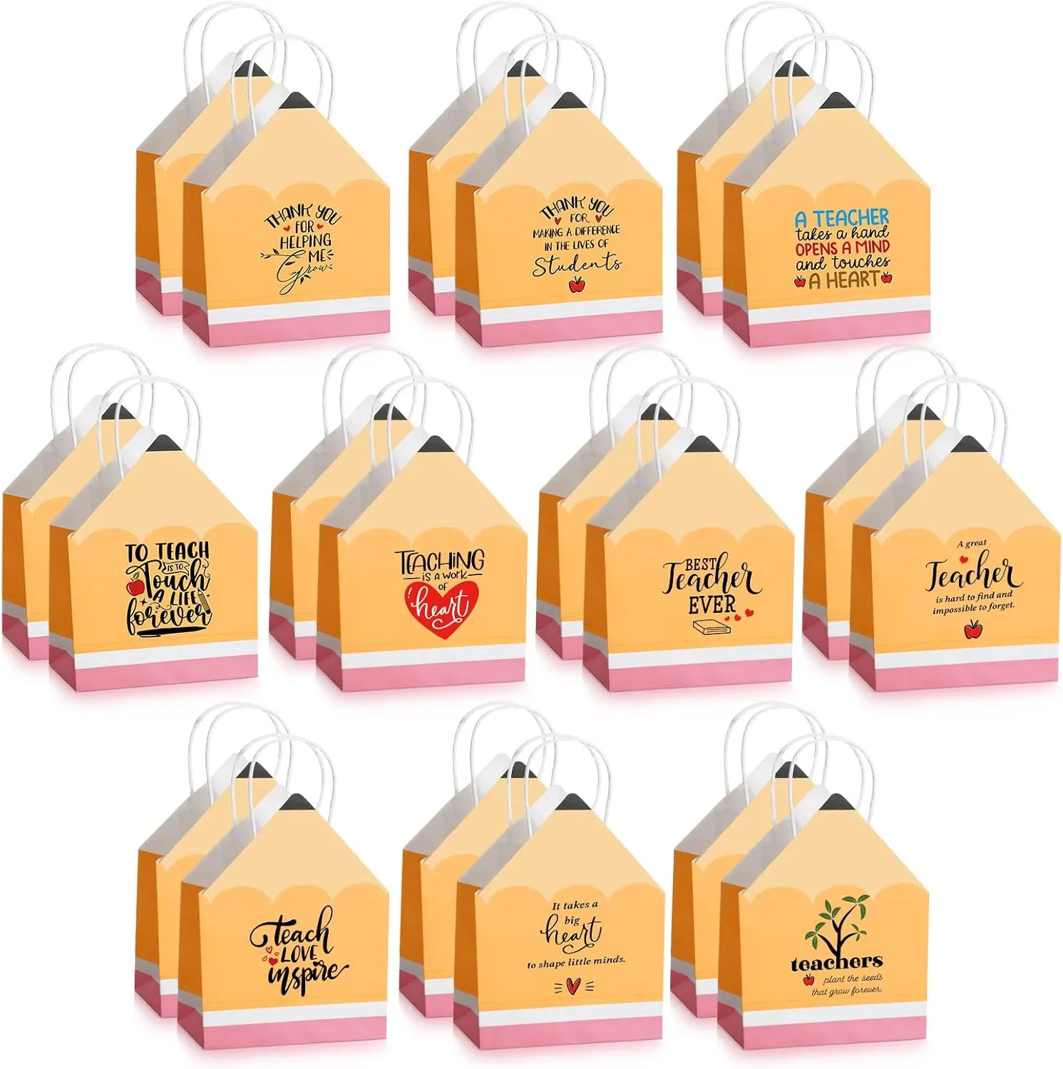 Sweetude 20 Pcs Teachers Appreciation Gift Bags Pencil Shaped Gift Bags Teacher Gift Bag with Handle Thank You Gifts for Employee Gifts, 7.87 x 10.24 x 3.94 Inches, 10 Styles