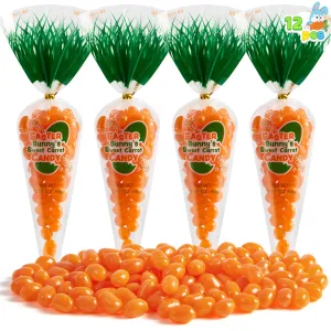 SYNCFUN 12 Pcs Easter Candy with Carrot Bags, Filled Candy with Jelly Beans, Prefilled Easter Fillers for Kids, Basket Fillers, Classroom Prize, Party Favor