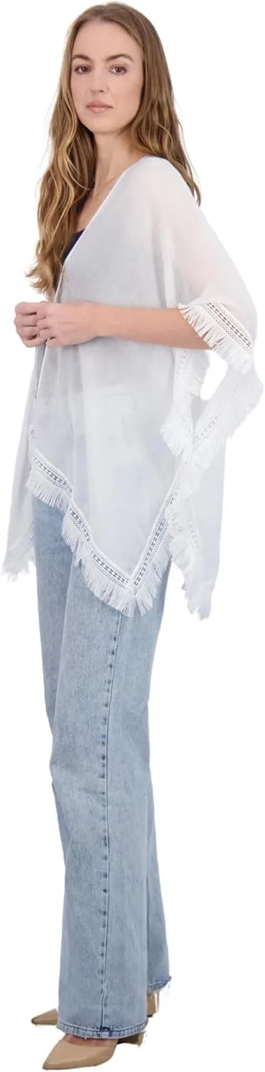 Tahari Women's Lightweight Kimono with Crochet Fringe Trim - Crochet Kimono for Women