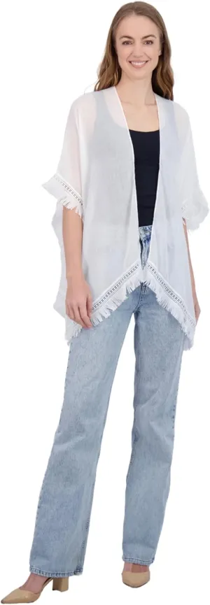 Tahari Women's Lightweight Kimono with Crochet Fringe Trim - Crochet Kimono for Women