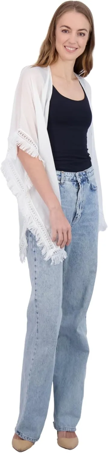 Tahari Women's Lightweight Kimono with Crochet Fringe Trim - Crochet Kimono for Women