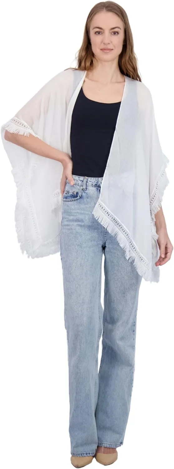 Tahari Women's Lightweight Kimono with Crochet Fringe Trim - Crochet Kimono for Women