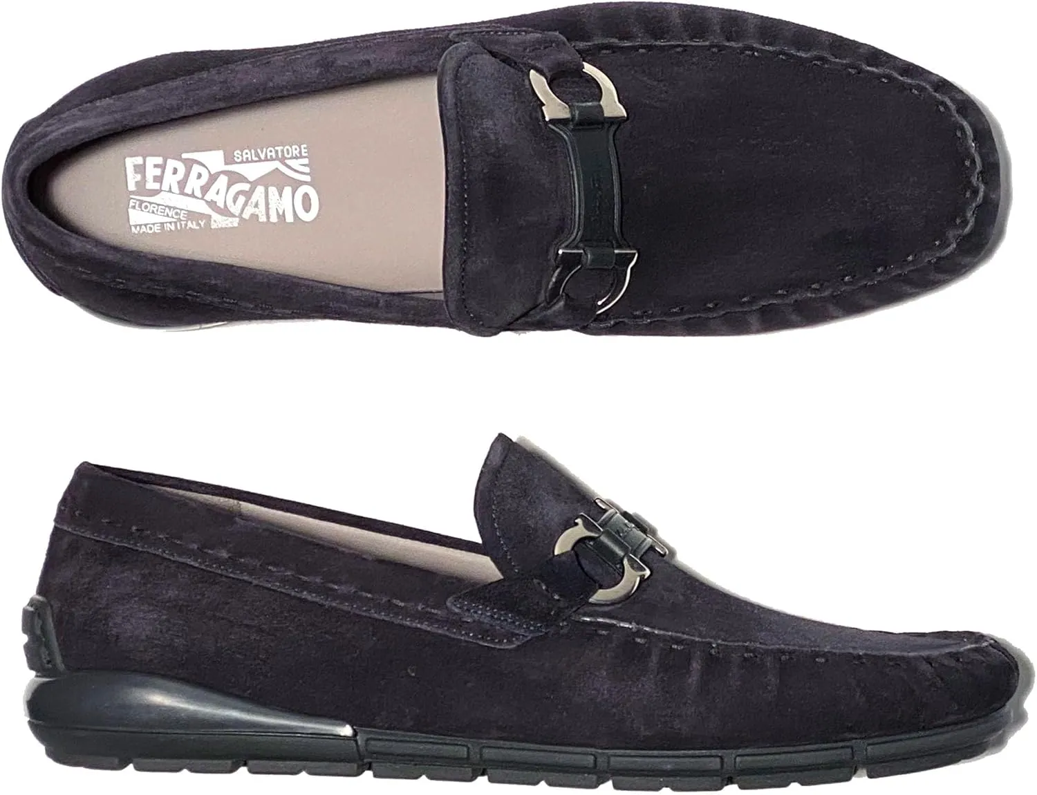 TASBY US 8 EU 41 Gancini Dark Blue Suede Leather Dress Drivers Loafers Men's Moccasin (Salvatore