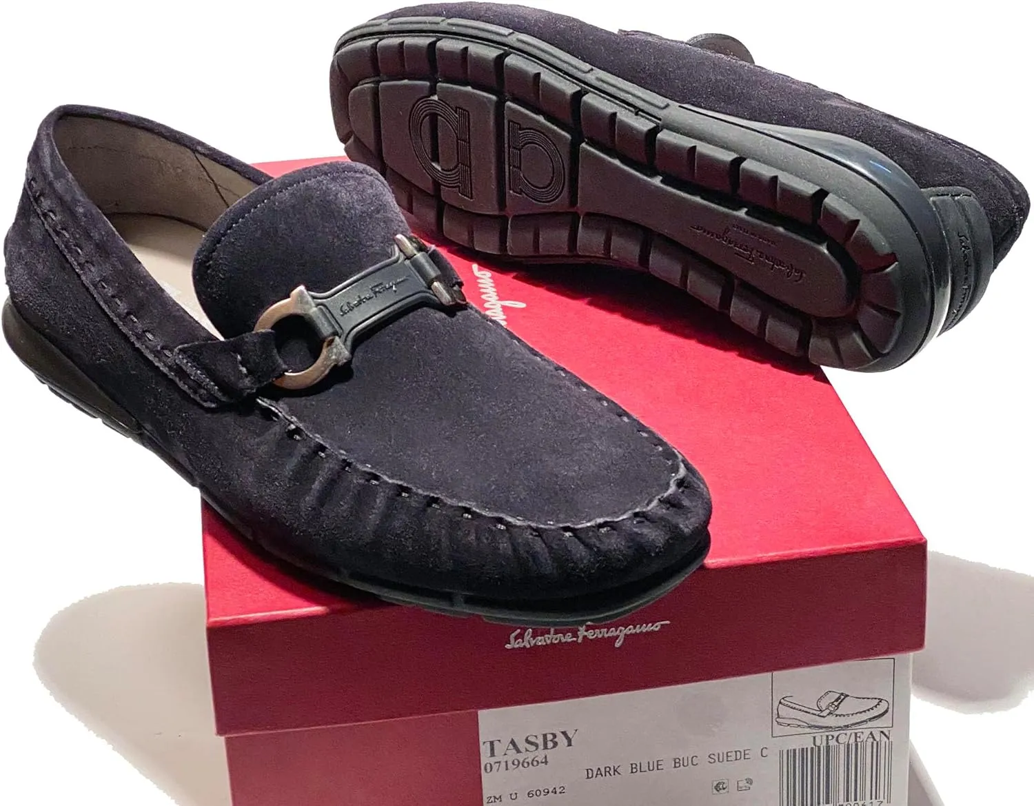 TASBY US 8 EU 41 Gancini Dark Blue Suede Leather Dress Drivers Loafers Men's Moccasin (Salvatore
