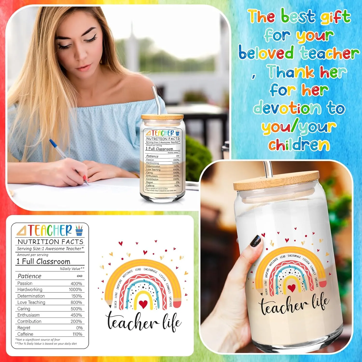 Teachers' Day Gifts Bulk Appreciation Gifts for Teacher Include a Tote Bag a Makeup Bag a Piece of Puzzle a Lavender Scented Candle a 16 oz Glass with Lid Straw and Brush