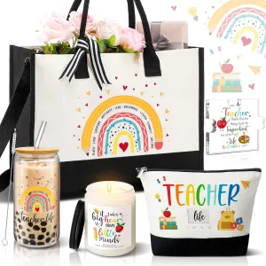 Teachers' Day Gifts Bulk Appreciation Gifts for Teacher Include a Tote Bag a Makeup Bag a Piece of Puzzle a Lavender Scented Candle a 16 oz Glass with Lid Straw and Brush