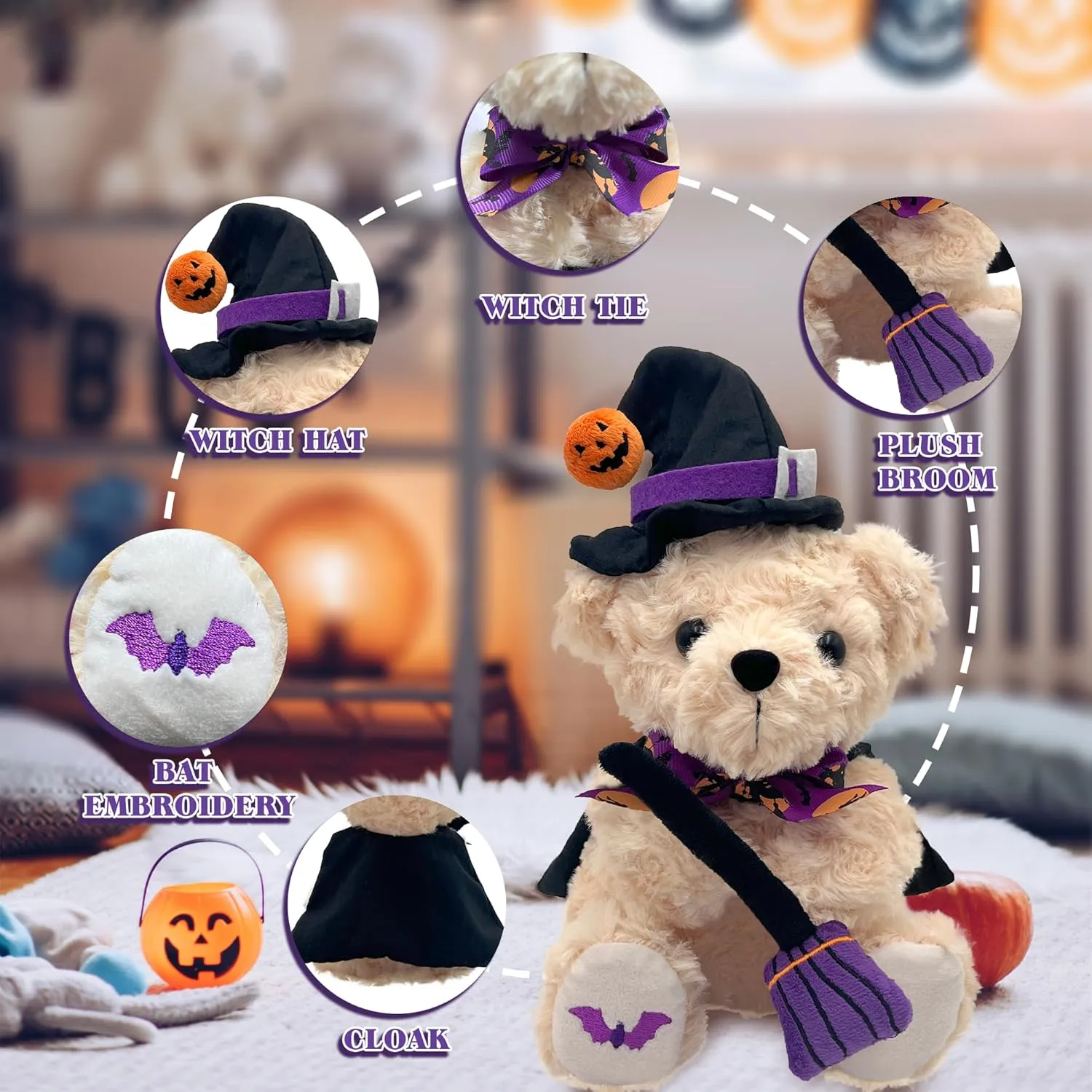 Teddy Bear Stuffed Animal Witch Bear with Broomstick Witchy Stuff - Witch Gifts for Women, Cool Witchy Birthday Gifts for Kids - Cute Purple Bear Plush Toy Party Decorations - 8 Inch