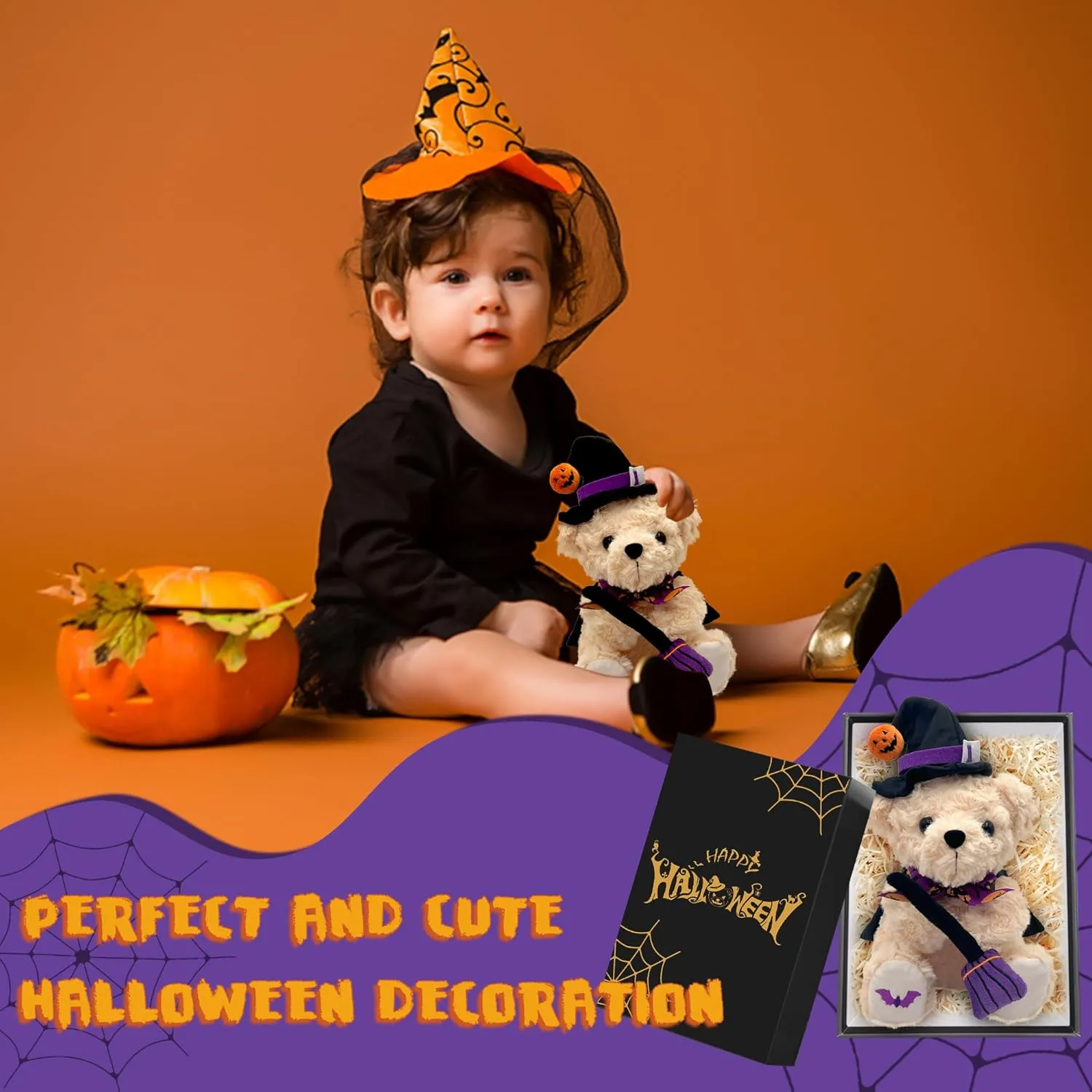 Teddy Bear Stuffed Animal Witch Bear with Broomstick Witchy Stuff - Witch Gifts for Women, Cool Witchy Birthday Gifts for Kids - Cute Purple Bear Plush Toy Party Decorations - 8 Inch