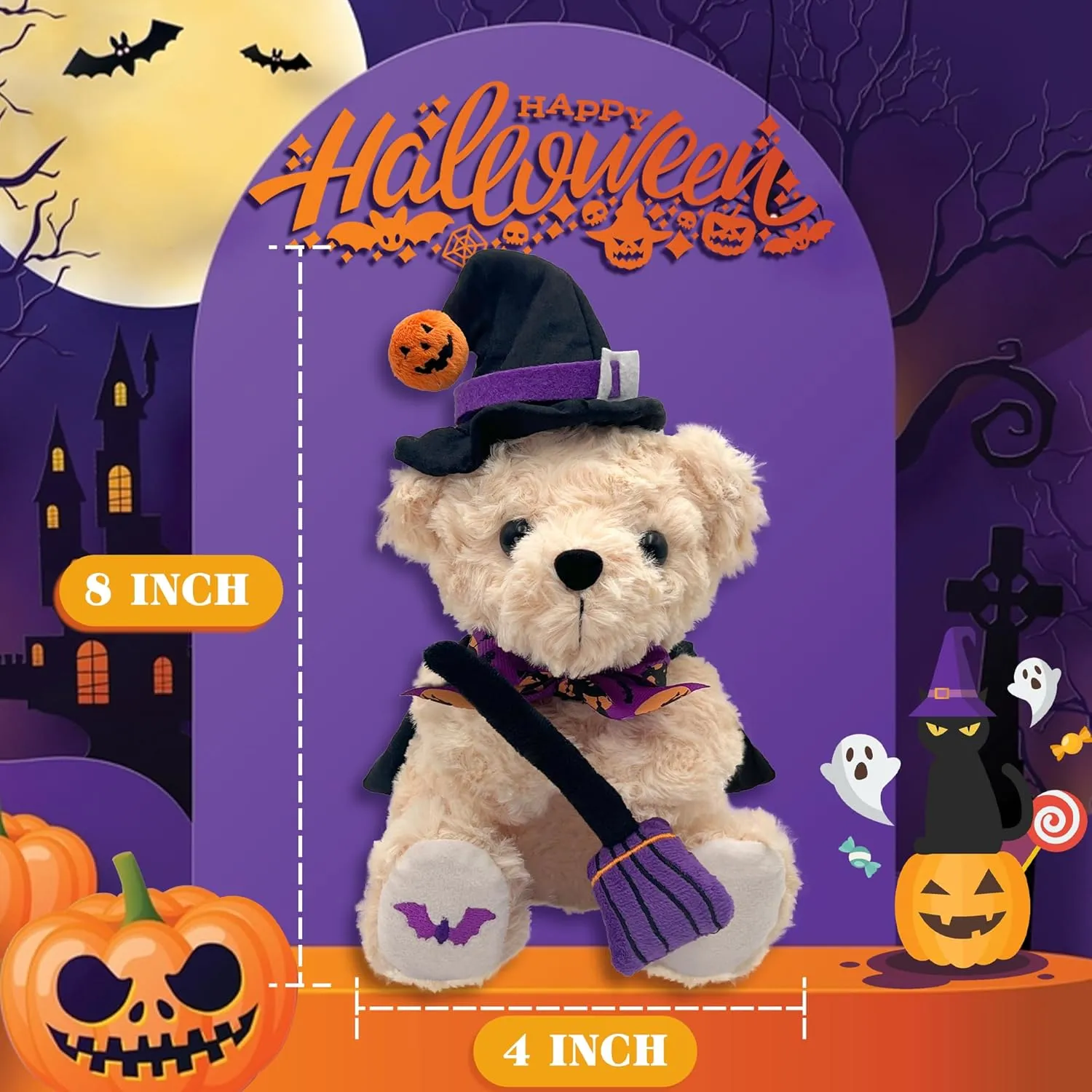 Teddy Bear Stuffed Animal Witch Bear with Broomstick Witchy Stuff - Witch Gifts for Women, Cool Witchy Birthday Gifts for Kids - Cute Purple Bear Plush Toy Party Decorations - 8 Inch