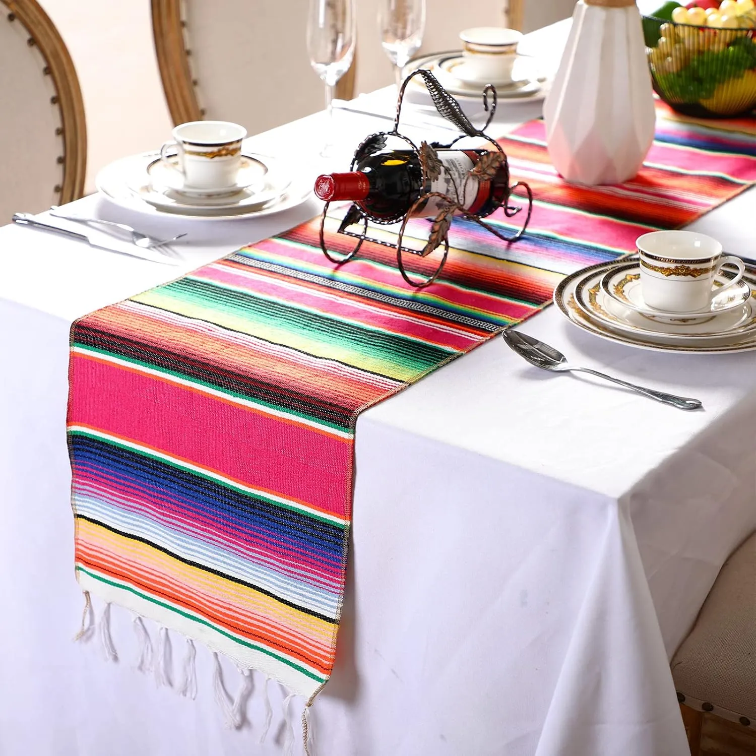 Tegeme 12 Pcs Mexican Table Runners 14 x 84 Inch Mexican Serape Table Runner Decor Blanket Fringe Cotton Table Runner Decoration for Cinco De Mayo Party Wedding(Novel Style)