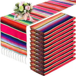 Tegeme 12 Pcs Mexican Table Runners 14 x 84 Inch Mexican Serape Table Runner Decor Blanket Fringe Cotton Table Runner Decoration for Cinco De Mayo Party Wedding(Novel Style)