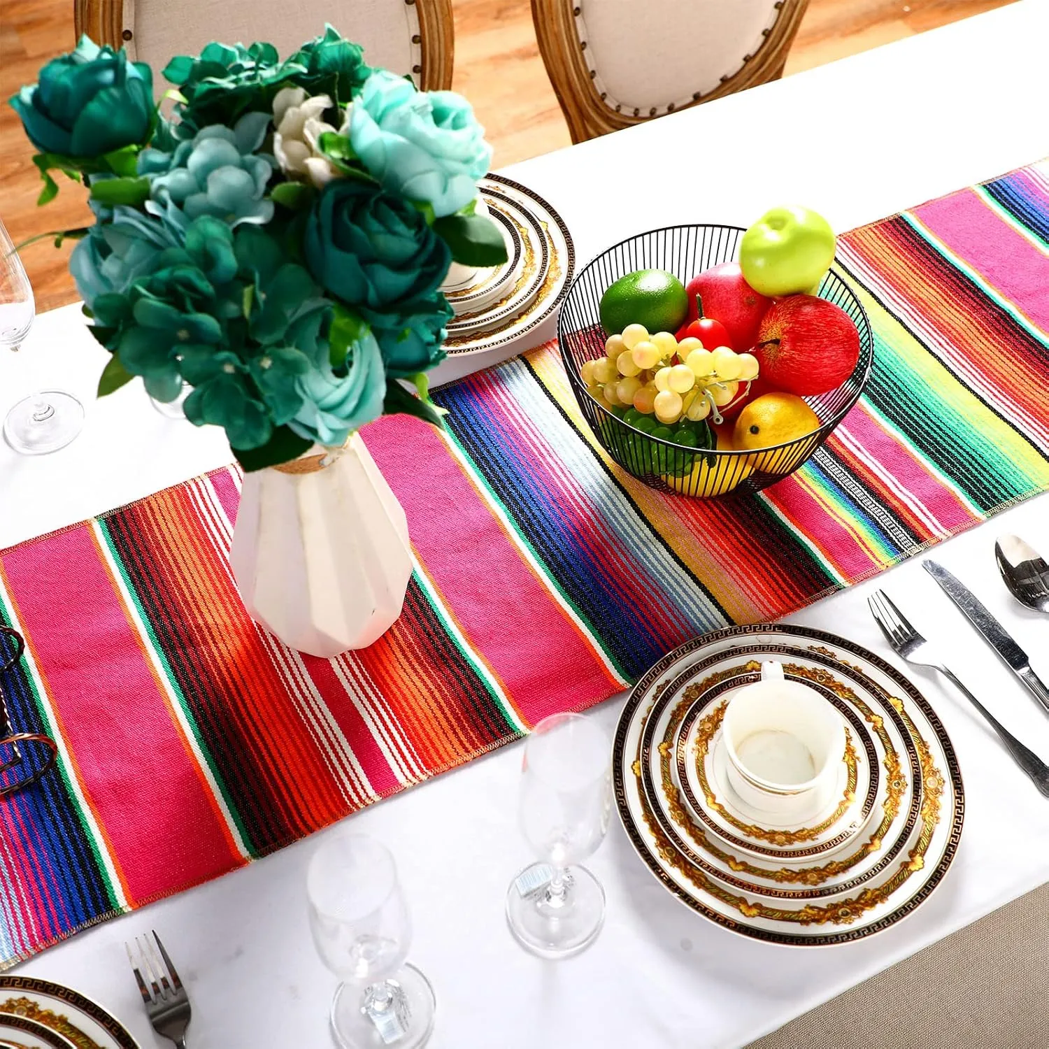 Tegeme 12 Pcs Mexican Table Runners 14 x 84 Inch Mexican Serape Table Runner Decor Blanket Fringe Cotton Table Runner Decoration for Cinco De Mayo Party Wedding(Novel Style)