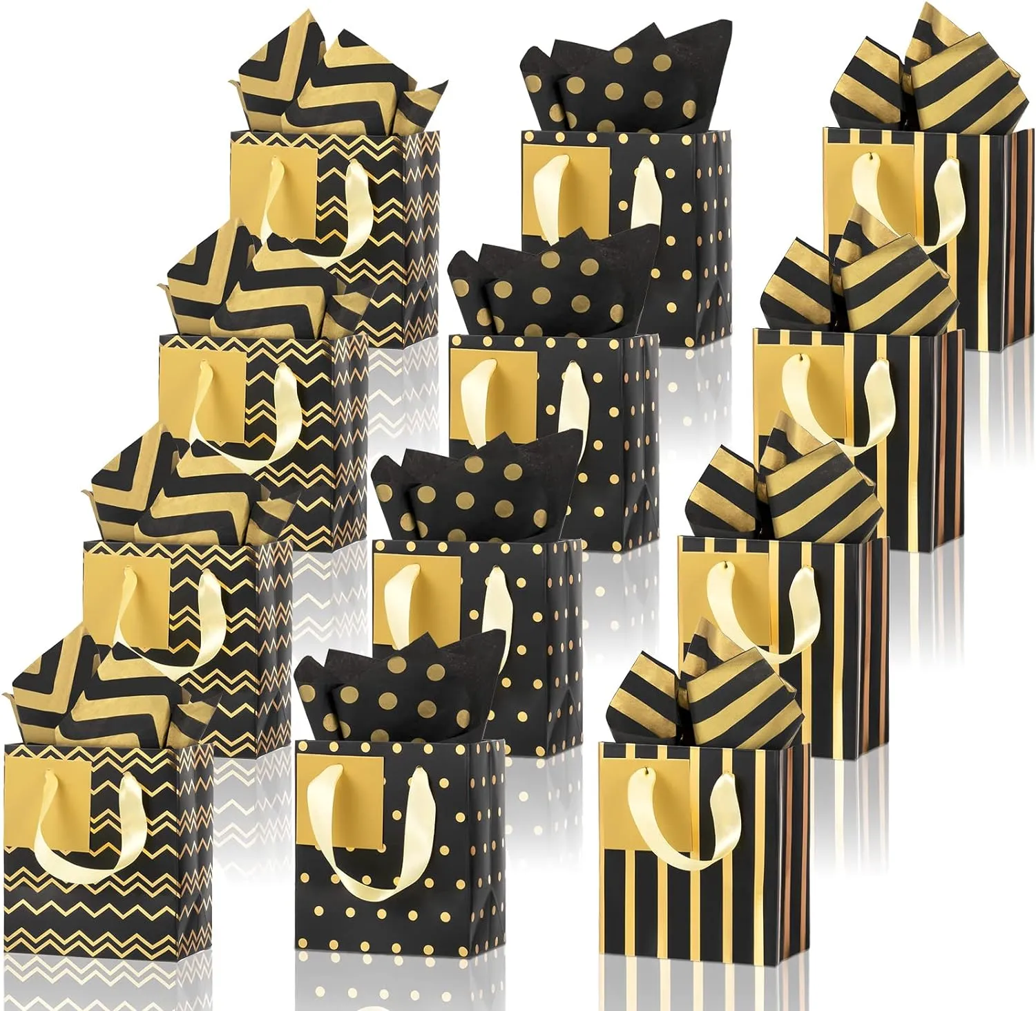 Tenare 12 Pcs Small Gift Bags Mini Metallic Paper Bag with Handle Tissue Paper for Graduation Father 's Day 4th of July Party Favor Supplies(8 x 4.5 x 10.5 Inch,Black Gold)
