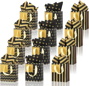 Tenare 12 Pcs Small Gift Bags Mini Metallic Paper Bag with Handle Tissue Paper for Graduation Father 's Day 4th of July Party Favor Supplies(8 x 4.5 x 10.5 Inch,Black Gold)
