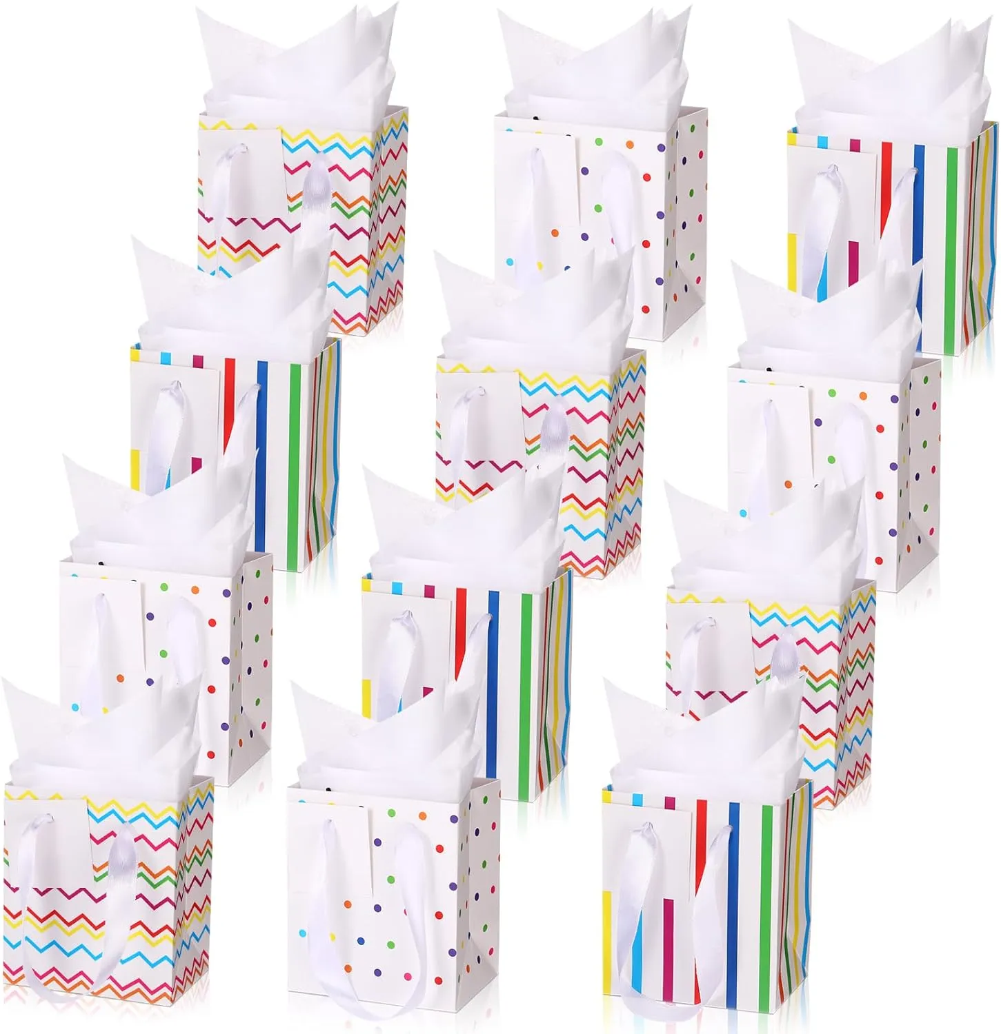 Tenare 12 Pcs Small Gift Bags Mini Metallic Paper Bag with Handle Tissue Paper for Mother Father 's Day Graduation Party Favor Supplies(4 x 2.75 x 4.5 Inch,White Colorful Gold)