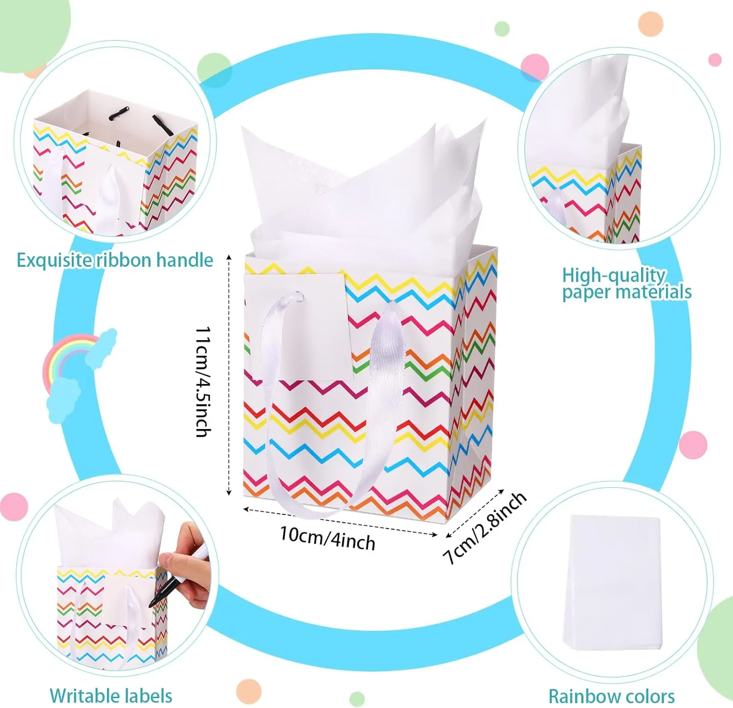 Tenare 12 Pcs Small Gift Bags Mini Metallic Paper Bag with Handle Tissue Paper for Mother Father 's Day Graduation Party Favor Supplies(4 x 2.75 x 4.5 Inch,White Colorful Gold)